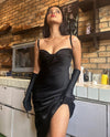 Blair black satin dress with gloves