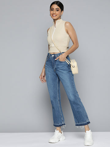 Beige color half sleeves crop top