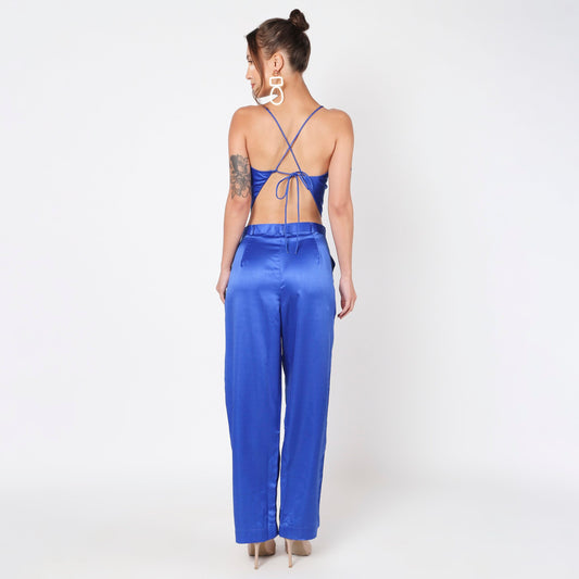 Blue satin backless co ord set