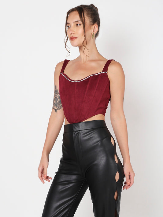 Red Suede Rhinestone Corset Top
