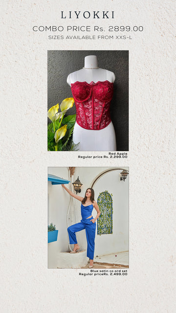 Red Apple corset + blue satin co ord set COMBO