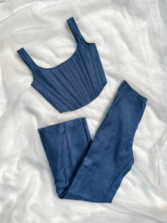 Knitted Blue Cargo pants and Corset Top , CO-ORD SET