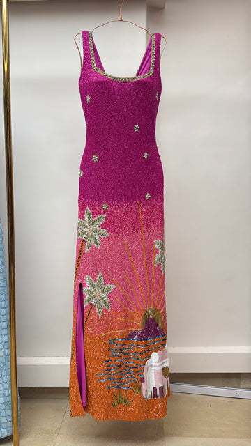 Sunset Mirage Tropical Beaded Column Gown