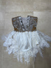 Velvet Tiger Duchess Corset Feather Dress with Cape