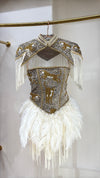 Velvet Tiger Duchess Corset Feather Dress with Cape