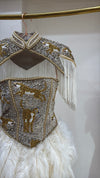 Velvet Tiger Duchess Corset Feather Dress with Cape