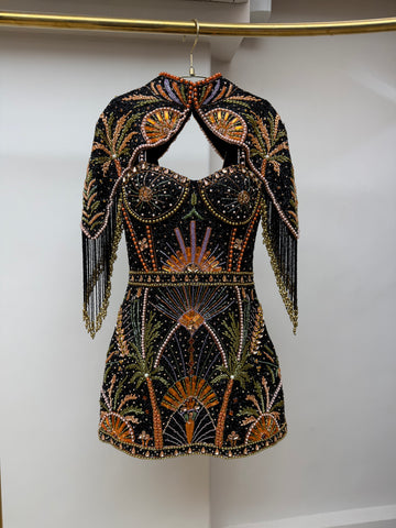 Midnight Peacock Embellished Cape Mini Dress