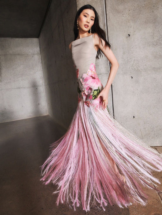 Beige Embroidered Flower Fringe Dress