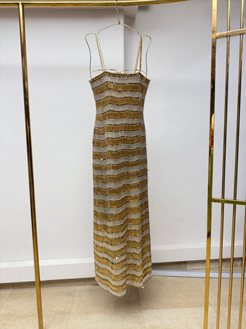 Gold & Ivory Wave Beaded Column Dress