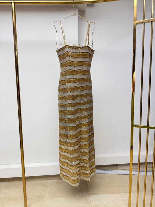 Gold & Ivory Wave Beaded Column Dress