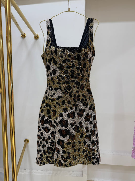 Wild Luxe Leopard Print Beaded Mini Dress