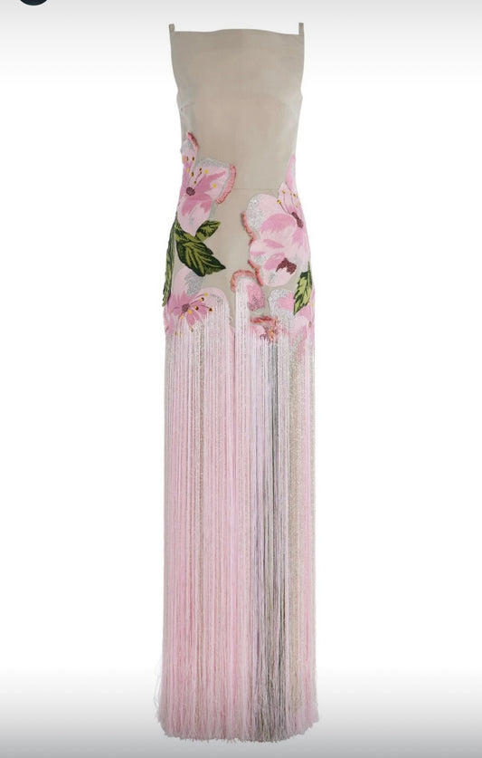 Beige Embroidered Flower Fringe Dress