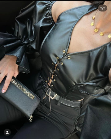 Black leather halter neck corset