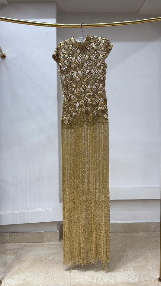 Gold Scalloped Beaded Fringe Gown