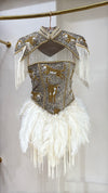 Velvet Tiger Duchess Corset Feather Dress with Cape