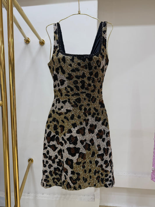 Wild Luxe Leopard Print Beaded Mini Dress