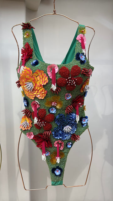 Green Garden Bloom Beaded Swimsuit