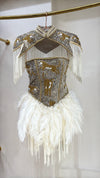 Velvet Tiger Duchess Corset Feather Dress with Cape