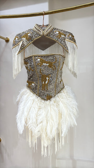 Velvet Tiger Duchess Corset Feather Dress with Cape