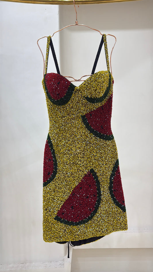 WaterMelon Crystal Beaded Mini Dress