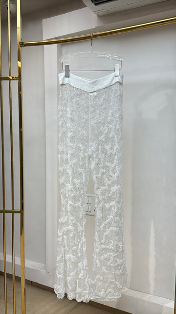 White mesh embroidered pants