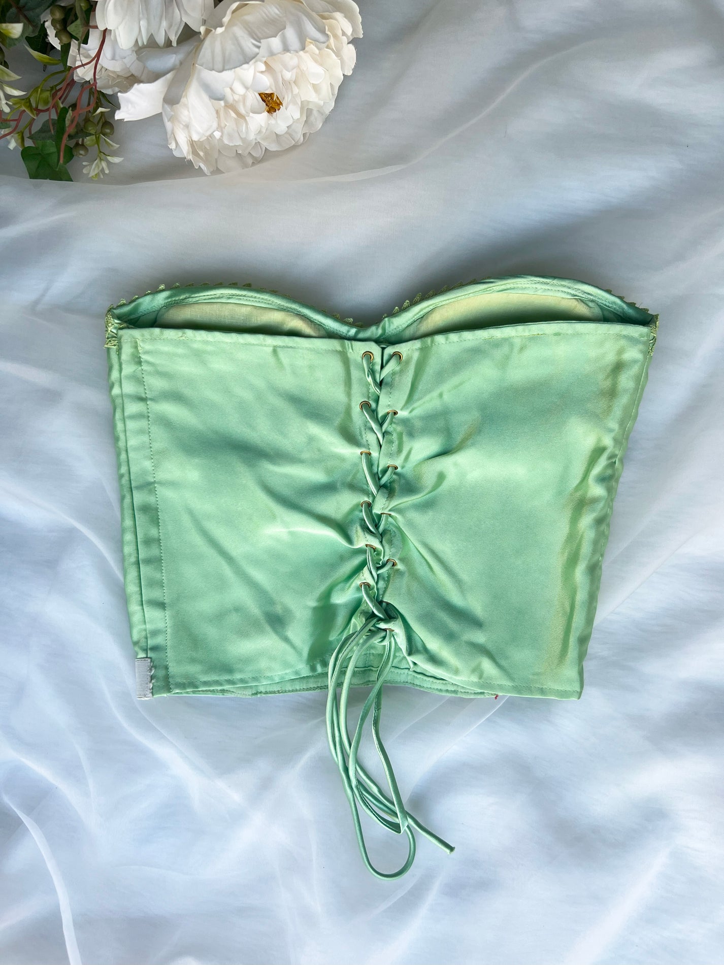 Olive green satin corset with laces