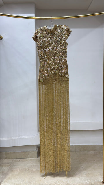 Gold Scalloped Beaded Fringe Gown