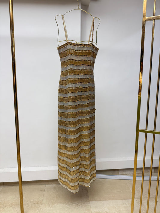 Gold & Ivory Wave Beaded Column Dress