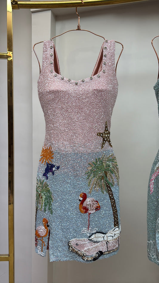Flamingo Ombre Beaded Dress