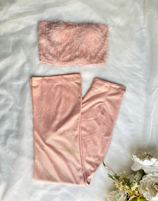Adele fur Corset top and shimmer pants co-ord set