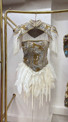 Velvet Tiger Duchess Corset Feather Dress with Cape