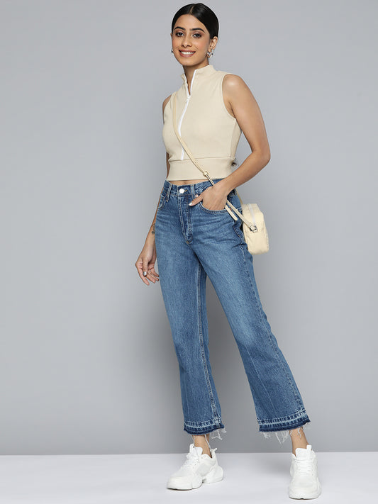 Beige color half sleeves crop top