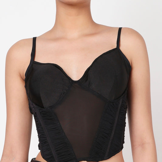 Black Mesh Pleated Corset Top