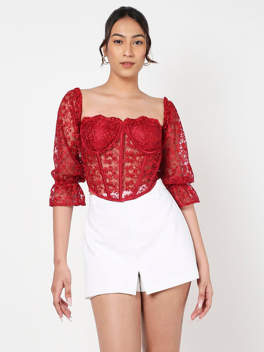 Bright Red Half sleeves Lacey Corset Top